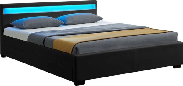 Gestoffeerd bed Lyon - 140 x 200 cm - Zwart - LED Verlichting & Bedlades (4260304763537)