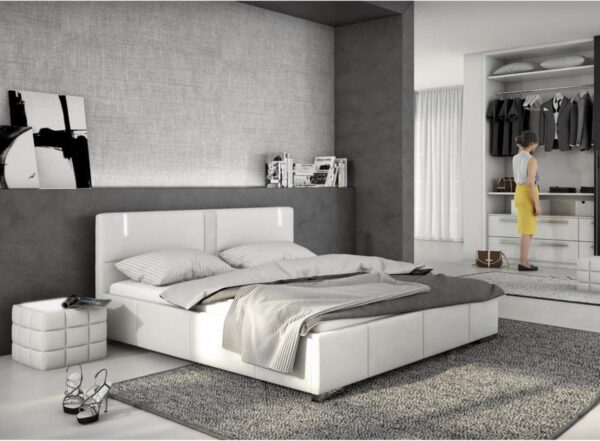 Bed 160 x 200 cm - Wit kunstleer met ledverlichting + bedbodem + matras - SOREN II L 217 cm x H 87 cm x D 173 cm (3666471065657)