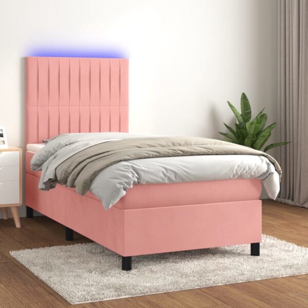 The Living Store Boxspring - Roze fluwelen bed met LED-verlichting - 203 x 90 x 118/128 cm - Pocketvering matras - Huidvriendelijk topmatras - The Living Store (8721032131952)