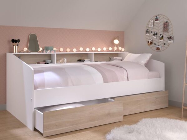 Bed 90 x 190/200 cm met opbergruimte - Wit en naturel - PAULETTE L 203 cm x H 81.7 cm x D 112.7 cm (3480940299271)