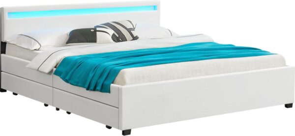 Gestoffeerd Bed Lyon - 180 x 200 cm - Wit - LED Verlichting & Bedlades (4260304763544)
