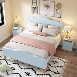 Slaapkamerbedset met nachtkastje - Modern gestoffeerd bed met 2 nachtkastjes - 2 lades - slaapkamermeubelset - fluweel wolkvormig hoofdeinde - blauw (140x200 cm) (9467675203135)