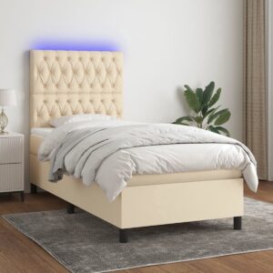 The Living Store Boxspring Bed - Crème - 203 x 90 x 118/128 cm - LED-verlichting - Pocketvering matras - Huidvriendelijk topmatras (8721031081685)
