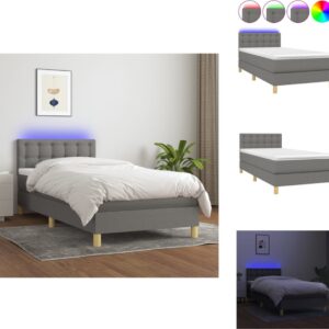 vidaXL Boxspring Bed - 203 x 90 x 78/88 cm - LED - Donkergrijs - Pocketveringsmatras - Huidvriendelijk topmatras - Bed (8721032648979)
