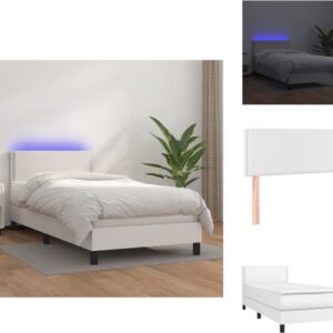 vidaXL Boxspring Bed - Wit - 203 x 90 x 78/88 cm - Met LED-verlichting - Pocketvering matras - Huidvriendelijk topmatras - Bed (8721032845101)