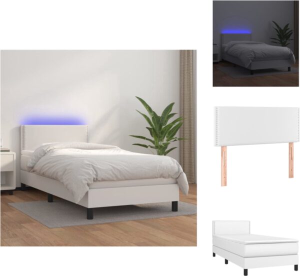 vidaXL Boxspring Bed - Wit - 203 x 90 x 78/88 cm - Met LED-verlichting - Pocketvering matras - Huidvriendelijk topmatras - Bed (8721032845101)
