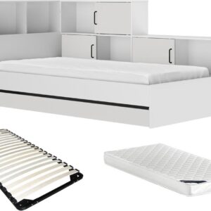 Bed met opbergruimte en lade 90 x 200 cm - Kleur: wit + bedbodem + matras - ARMAND L 221 cm x H 104 cm x D 120 cm (3666471102574)