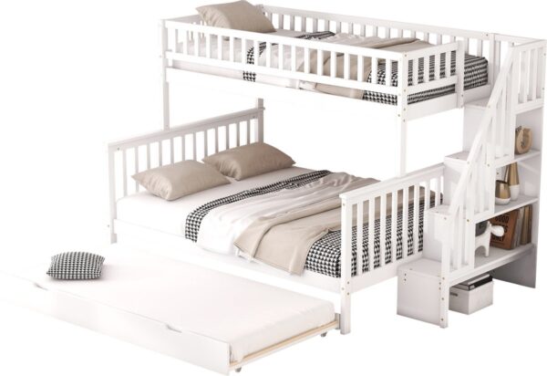 Merax 3 Persoons Stapelbed - Hoogslaper met Uitschuifbaar Bed - Kinderbed met Opbergruimte en Trap - Wit (5940268717874)