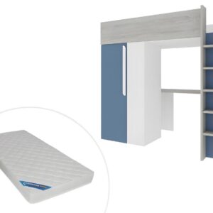 Mezzanine bed 90 x 200 cm met kleerkast en bureau - Blauw en wit + matras - NICOLAS L 205.2 cm x H 183.1 cm x D 110 cm (3666471061567)
