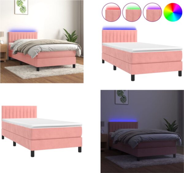 vidaXL Boxspring met matras en LED fluweel roze 90x200 cm - Boxspring - Boxsprings - Bed - Slaapmeubel (8721114812199)