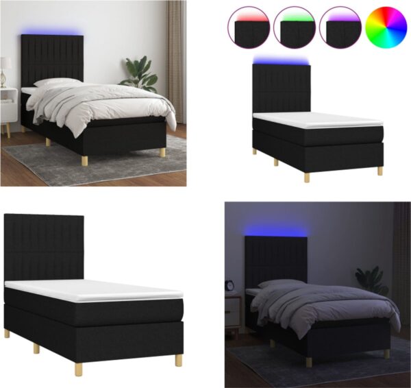 vidaXL Boxspring met matras en LED stof zwart 90x200 cm - Boxspring - Boxsprings - Bed - Slaapmeubel (8721114728834)