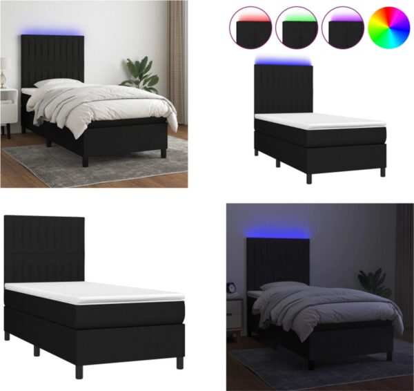 vidaXL Boxspring met matras en LED stof zwart 90x200 cm - Boxspring - Boxsprings - Bed - Slaapmeubel (8721114803654)